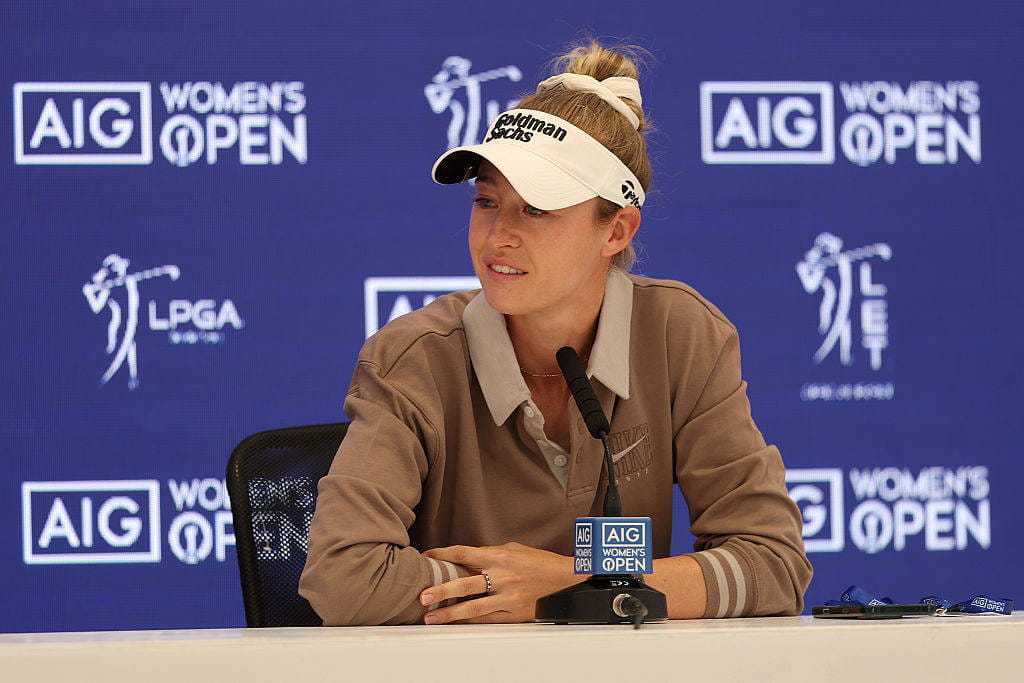 Nelly Korda addresses the media at Royal Porthcawl
